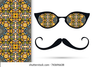 Retro hipster ornate sunglasses, mustaches with seamless hand drawn pattern. Isolated elements for textile fabric or paper print, invitation, business card design. Cat Eye style glasses doodle eyewear