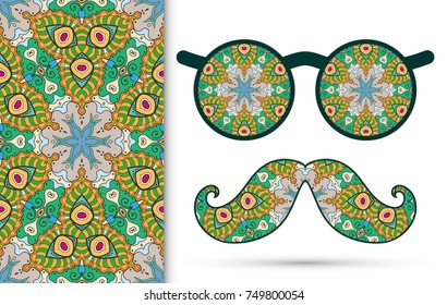 Retro hipster ornate sunglasses, mustaches with seamless hand drawn pattern. Isolated elements for textile fabric or paper print, invitation, business card design. Decorative glasses, doodle eyewear