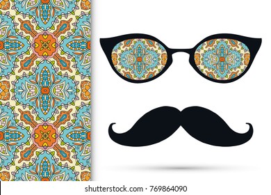 Retro hipster ornate sunglasses, mustaches with seamless hand drawn pattern. Isolated elements for textile fabric or paper print, invitation, business card design. Cat Eye style glasses doodle eyewear