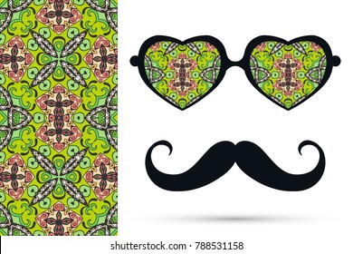 Retro hipster ornate sunglasses, mustaches with seamless hand drawn pattern. Isolated elements for textile fabric or paper print, invitation, business card design. Heart shape glasses, doodle eyewear