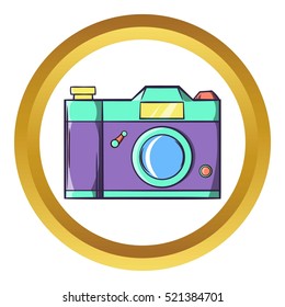 Retro hipster photo camera vector icon in golden circle, cartoon style isolated on white background