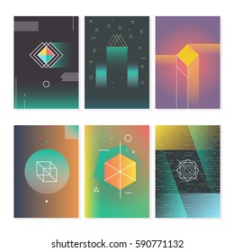 Retro Hipster Poster Backgrounds. Set Of Trendy Bright Cards With Northern Lights Neon Space 80s Style. Vector Covers With Geometric Design