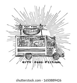 Retro hipster poster with hand drawn food truck in sun light isolated on white background. Vintage sketch transport car Good idea for chalkboard design, festival flayer, menu, Vector illustration