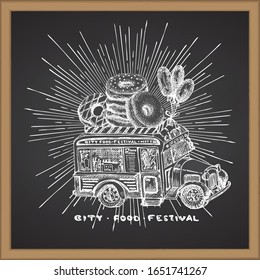 Retro hipster poster with hand drawn food truck in sun light isolated on chalk board background. Vintage sketch transport car Good idea for chalkboard design, festival flayer, menu Vector illustration