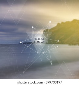 Retro hipster scientific design template with triangles and molecule structure on blur photo background  for music albums, posters, flyers, web sites and mobile application.