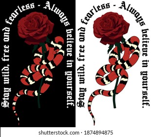 Retro hipster slogan print with snake and red rose illustration - Vintage graphic gothic font text pattern for tee - t shirt