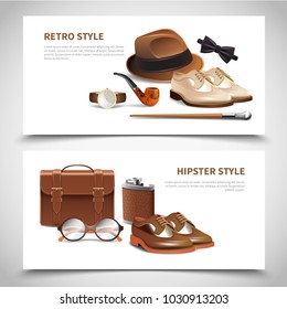 Retro and hipster styles gentleman accessories 2 horizontal realistic banners set with leather shoes isolated vector illustration