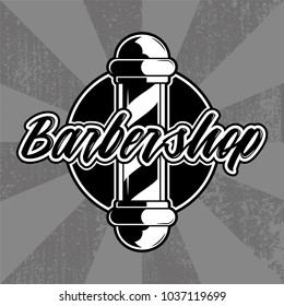 Retro hipster stylish vintage custom graphic design engraving logo icon barber shop saloon black white signboard icon with barber pole. Modern vector style illustration on old texture gray background.