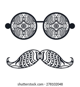 Retro hipster sunglasses with decorative ethnic ornament. Vector illustration of glasses. Isolated on white background, print for t-shirt, elements for card design