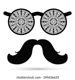 Retro hipster sunglasses. Glasses with Mandala ornament, print for paper or fabric, invitation card design element. Black and white background, vector illustration