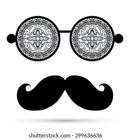 Retro hipster sunglasses. Glasses with Mandala ornament, print for paper or fabric, invitation card design element. Black and white background, vector illustration