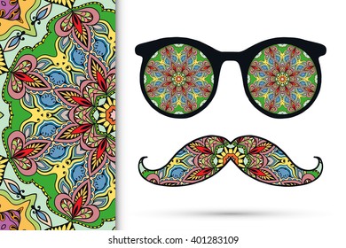 Retro hipster sunglasses with mandala ornament and mustaches, seamless floral geometric pattern, isolated elements for scrapbook, t-shirt print, invitation or greeting card design