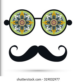 Retro hipster sunglasses with mandala round ornament and mustaches, isolated elements for scrapbook, t-shirt print, invitation or greeting card design
