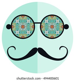 Retro hipster sunglasses and mustaches. Decorative ornate glasses. Isolated element for textile or paper print, invitation or greeting card design. Doodle colorful background