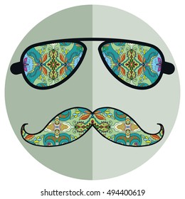 Retro hipster sunglasses and mustaches. Decorative ornate glasses. Isolated element for textile or paper print, invitation or greeting card design. Doodle colorful background