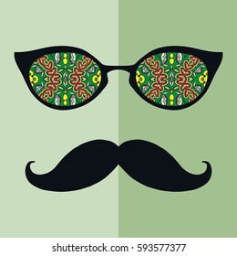 Retro hipster sunglasses and mustaches. Isolated elements for business card, t-shirt print, party invitation. Cat Eye style glasses, tropical doodle florals eyewear