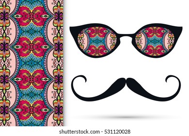 Retro hipster sunglasses and mustaches with seamless hand drawn pattern. Isolated elements for business card, t-shirt print,  party invitation. Cat Eye style glasses, tropical doodle florals eyewear