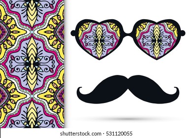 Retro hipster sunglasses and mustaches with seamless hand drawn pattern. Isolated elements for business card, t-shirt print, party invitation. Heart shape glasses, tropical doodle florals eyewear