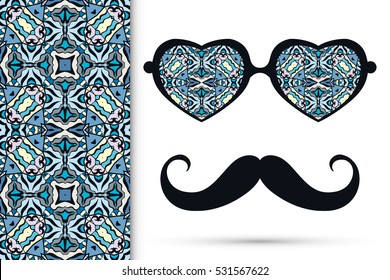 Retro hipster sunglasses and mustaches with seamless hand drawn pattern. Isolated elements for business card, t-shirt print, party invitation. Heart shape glasses, tropical doodle florals eyewear