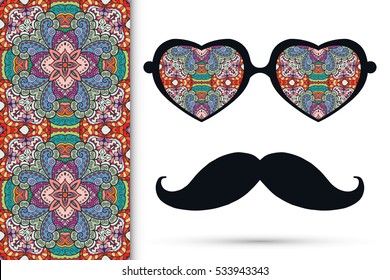 Retro hipster sunglasses and mustaches with seamless hand drawn pattern. Isolated elements for business card, t-shirt print, party invitation. Heart shape glasses, tropical doodle florals eyewear