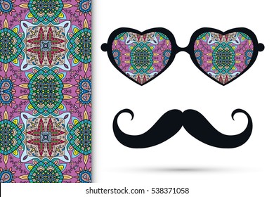 Retro hipster sunglasses and mustaches with seamless hand drawn pattern. Isolated elements for business card, t-shirt print, party invitation. Heart shape glasses, tropical doodle florals eyewear
