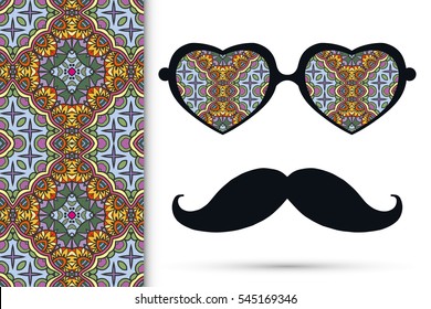 Retro hipster sunglasses and mustaches with seamless hand drawn pattern. Isolated elements for business card, t-shirt print, party invitation. Heart shape glasses, tropical doodle floral eyewear