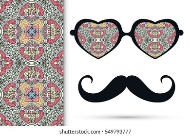 Retro hipster sunglasses and mustaches with seamless hand drawn pattern. Isolated elements for business card, t-shirt print, party invitation. Heart shape glasses, tropical doodle florals eyewear