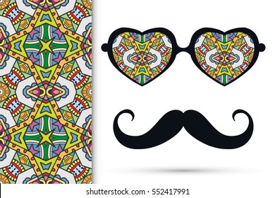 Retro hipster sunglasses and mustaches with seamless hand drawn pattern. Isolated elements for business card, t-shirt print, party invitation. Heart shape glasses, tropical doodle florals eyewear