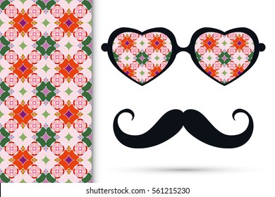 Retro hipster sunglasses and mustaches with seamless geometric pattern. Isolated elements for business card, t-shirt print, party invitation. Heart shape glasses, tropical doodle colorful eyewear