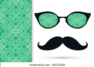 Retro hipster sunglasses and mustaches with seamless hand drawn pattern. Isolated elements for business card, t-shirt print, party invitation. Cat Eye style glasses, lacy doodle eyewear
