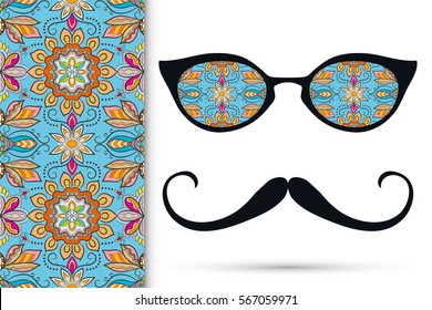 Retro hipster sunglasses and mustaches with seamless hand drawn pattern. Isolated elements for business card, t-shirt print, party invitation. Cat Eye style glasses, tropical doodle florals eyewear