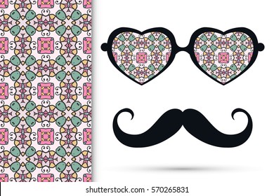 Retro hipster sunglasses and mustaches with seamless hand drawn pattern. Isolated elements for business card, t-shirt print, party invitation. Heart shape glasses, tropical doodle florals eyewear