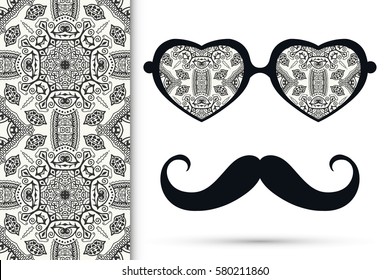 Retro hipster sunglasses and mustaches with seamless sketch pattern. Isolated elements for business card, t-shirt print, invitation, coloring book. Heart shape glasses, doodle florals eyewear