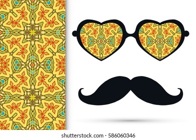 Retro hipster sunglasses and mustaches with seamless hand drawn pattern. Isolated elements for business card, t-shirt print, party invitation. Heart shape glasses, tropical doodle florals eyewear