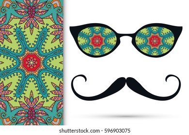 Retro hipster sunglasses and mustaches with seamless hand drawn pattern. Isolated elements for business card, t-shirt print, party invitation. Cat Eye style glasses, tropical doodle florals eyewear
