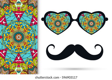 Retro hipster sunglasses and mustaches with seamless hand drawn pattern. Isolated elements for business card, t-shirt print, party invitation. Heart shape glasses, tropical doodle florals eyewear