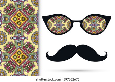 Retro hipster sunglasses and mustaches with seamless hand drawn pattern. Isolated elements for business card, t-shirt print, party invitation. Cat Eye style glasses, tropical doodle florals eyewear