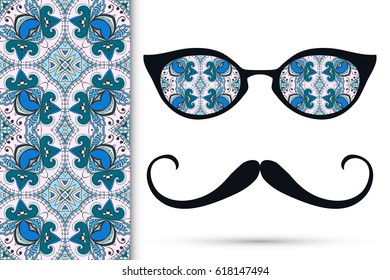 Retro hipster sunglasses and mustaches with seamless hand drawn pattern. Isolated elements for business card, t-shirt print, party invitation. Cat Eye style glasses, tropical doodle florals eyewear