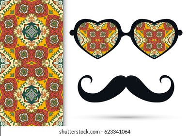 Retro hipster sunglasses and mustaches with seamless hand drawn pattern. Isolated elements for business card, t-shirt print, party invitation. Heart shape glasses, tropical doodle florals eyewear