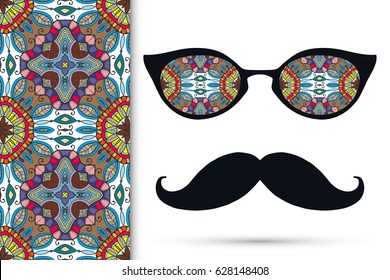 Retro hipster sunglasses and mustaches with seamless hand drawn pattern. Isolated elements for business card, t-shirt print, party invitation. Cat Eye style glasses, tropical doodle florals eyewear