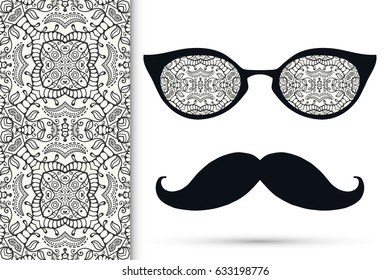 Retro hipster sunglasses and mustaches with seamless sketch pattern. Isolated elements for business card, t-shirt print, party invitation, coloring book. Cat Eye style glasses, black and white pattern