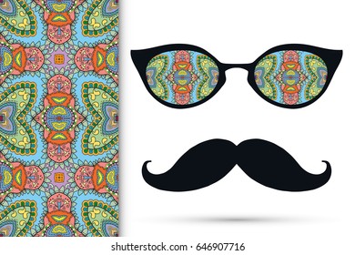 Retro hipster sunglasses and mustaches with seamless hand drawn pattern. Isolated elements for business card, t-shirt print, party invitation. Cat Eye style glasses, tropical doodle florals eyewear