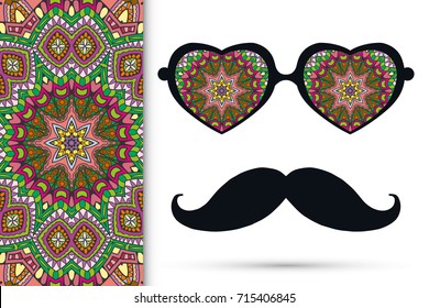 Retro hipster sunglasses and mustaches with seamless hand drawn pattern. Isolated elements for business card, t-shirt print, party invitation. Heart shape glasses, tropical doodle florals eyewear