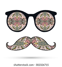 Retro hipster sunglasses and mustaches . Vector fashion illustration of glasses with ornate texture on white background, print for paper or fabric.