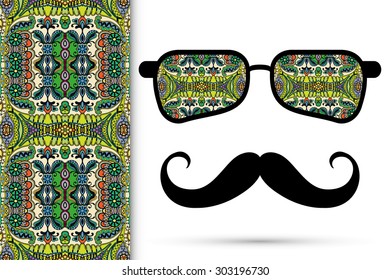 Retro hipster sunglasses with ornament and mustache, seamless floral and geometric pattern, isolated elements for scrapbook, t-shirt print, invitation or greeting card design
