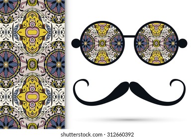 Retro hipster sunglasses with ornament and mustache, seamless floral and geometric pattern, isolated elements for scrapbook, t-shirt print, invitation or greeting card design
