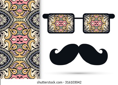 Retro hipster sunglasses with ornament and mustache, seamless floral and geometric pattern, isolated elements for scrapbook, t-shirt print, invitation or greeting card design