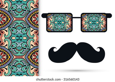 Retro hipster sunglasses with ornament and mustache, seamless floral and geometric pattern, isolated elements for scrapbook, t-shirt print, invitation or greeting card design