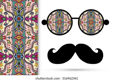 Retro hipster sunglasses with ornament and mustache, seamless floral and geometric pattern, isolated elements for scrapbook, t-shirt print, invitation or greeting card design