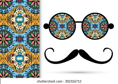 Retro hipster sunglasses with ornament and mustaches, seamless floral and geometric pattern, isolated elements for scrapbook, t-shirt print, invitation or greeting card design